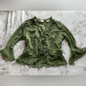 Vintage Chartreuse Green Silk Chiffon Ruffle Trim Blouse Top 6 Fairycore Nymph